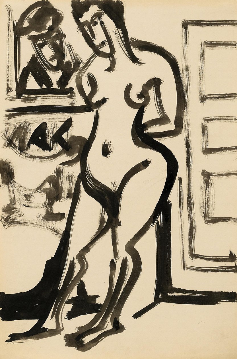 Står nøgen foran et billede i studiet af Ernst Ludwig Kirchner