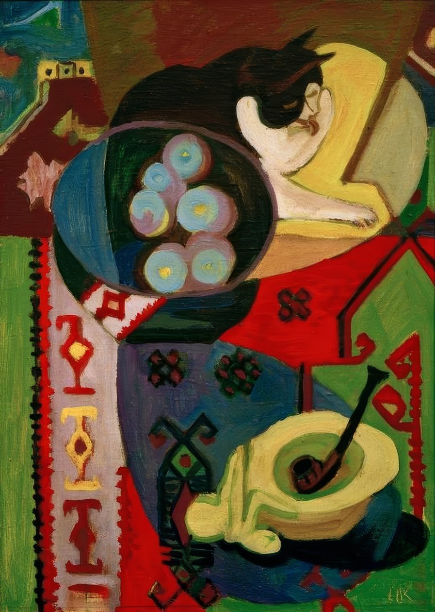 Stilleben med en kat og en pibe af Ernst Ludwig Kirchner