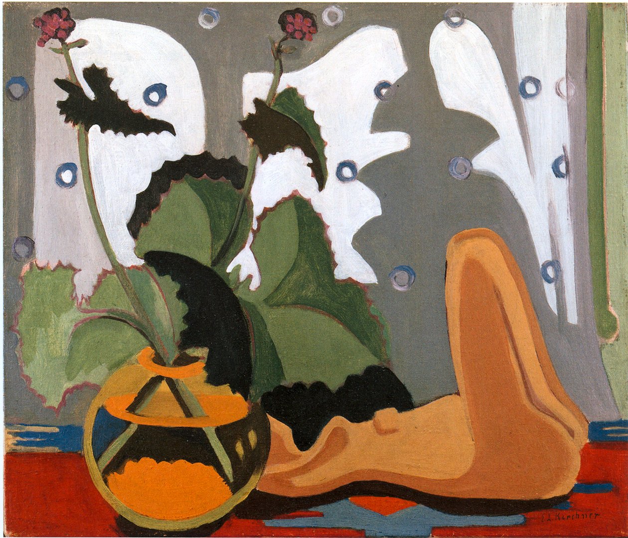 Stilleben med plastik foran vinduet af Ernst Ludwig Kirchner