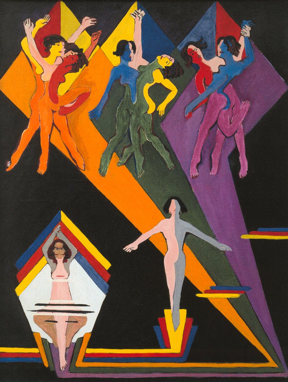 Dansende piger i farvede bjælker af Ernst Ludwig Kirchner