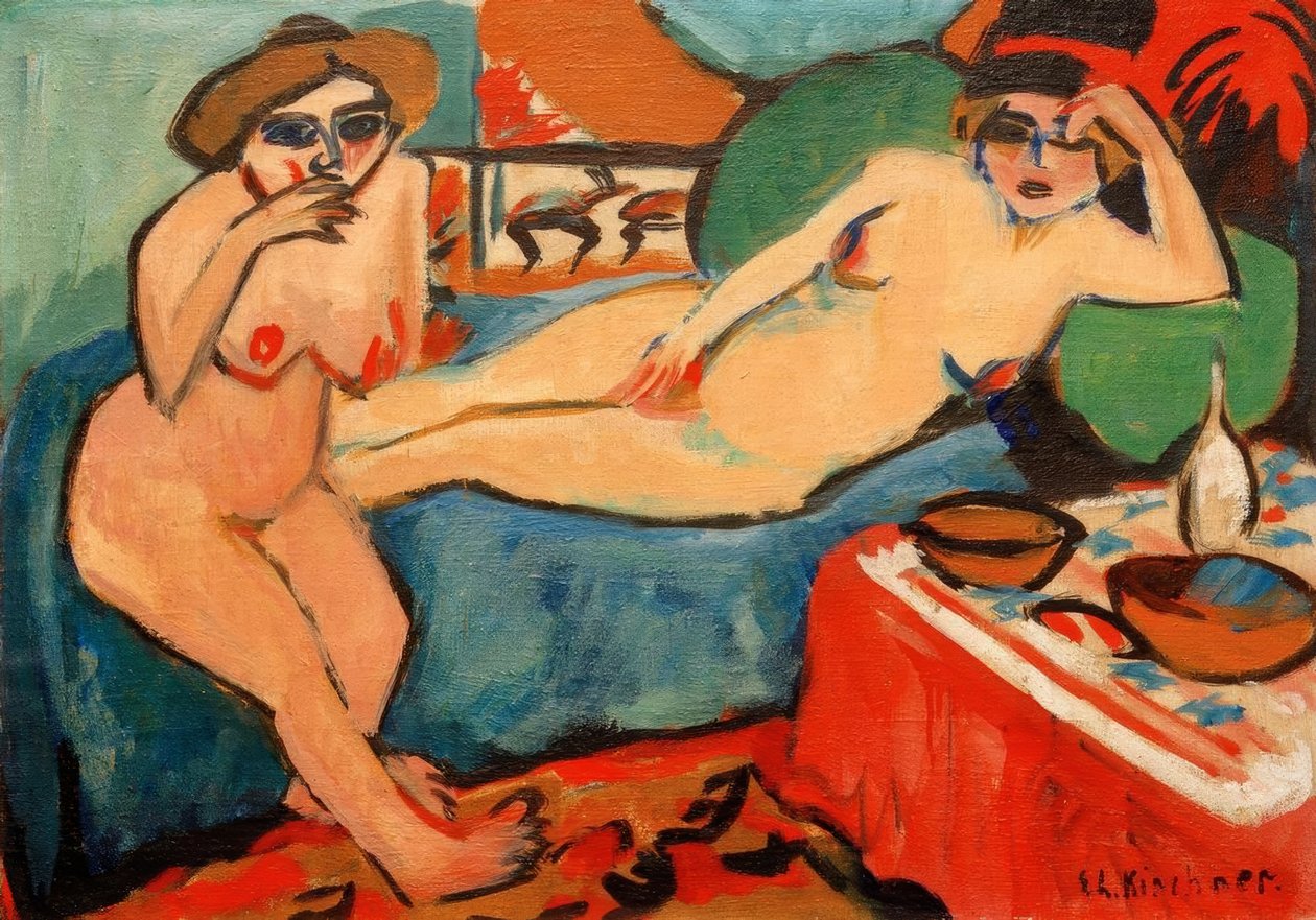 To nøgenbilleder på en blå sofa af Ernst Ludwig Kirchner