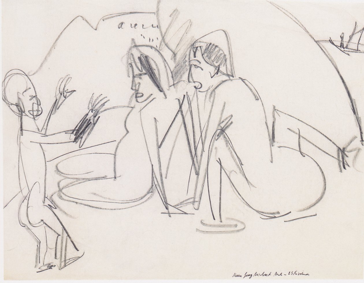 To kvinder og skulptur på stranden af Ernst Ludwig Kirchner