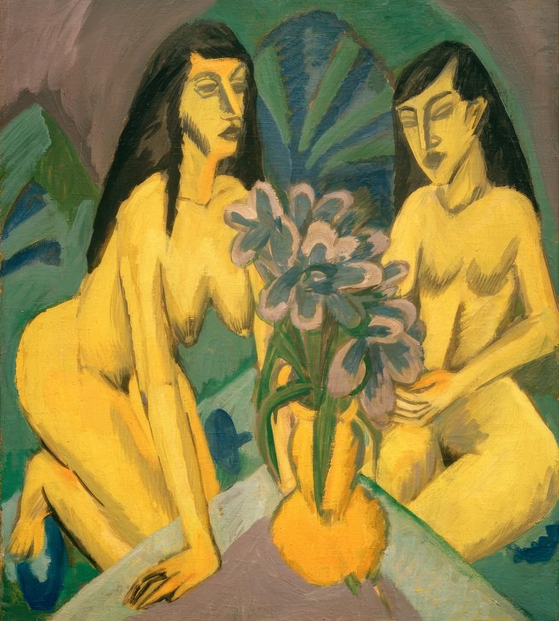 To gule nøgenbilleder med en buket blomster af Ernst Ludwig Kirchner