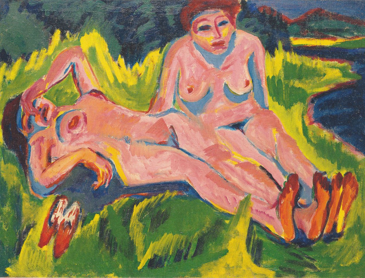 To lyserøde nøgne ved søen af Ernst Ludwig Kirchner