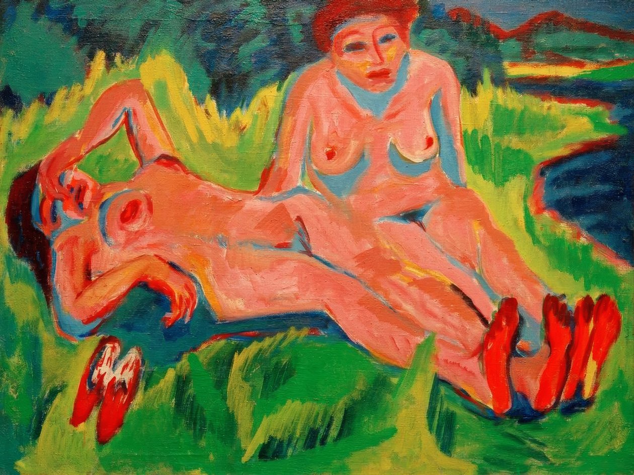 To lyserøde nøgenbilleder ved søen af Ernst Ludwig Kirchner