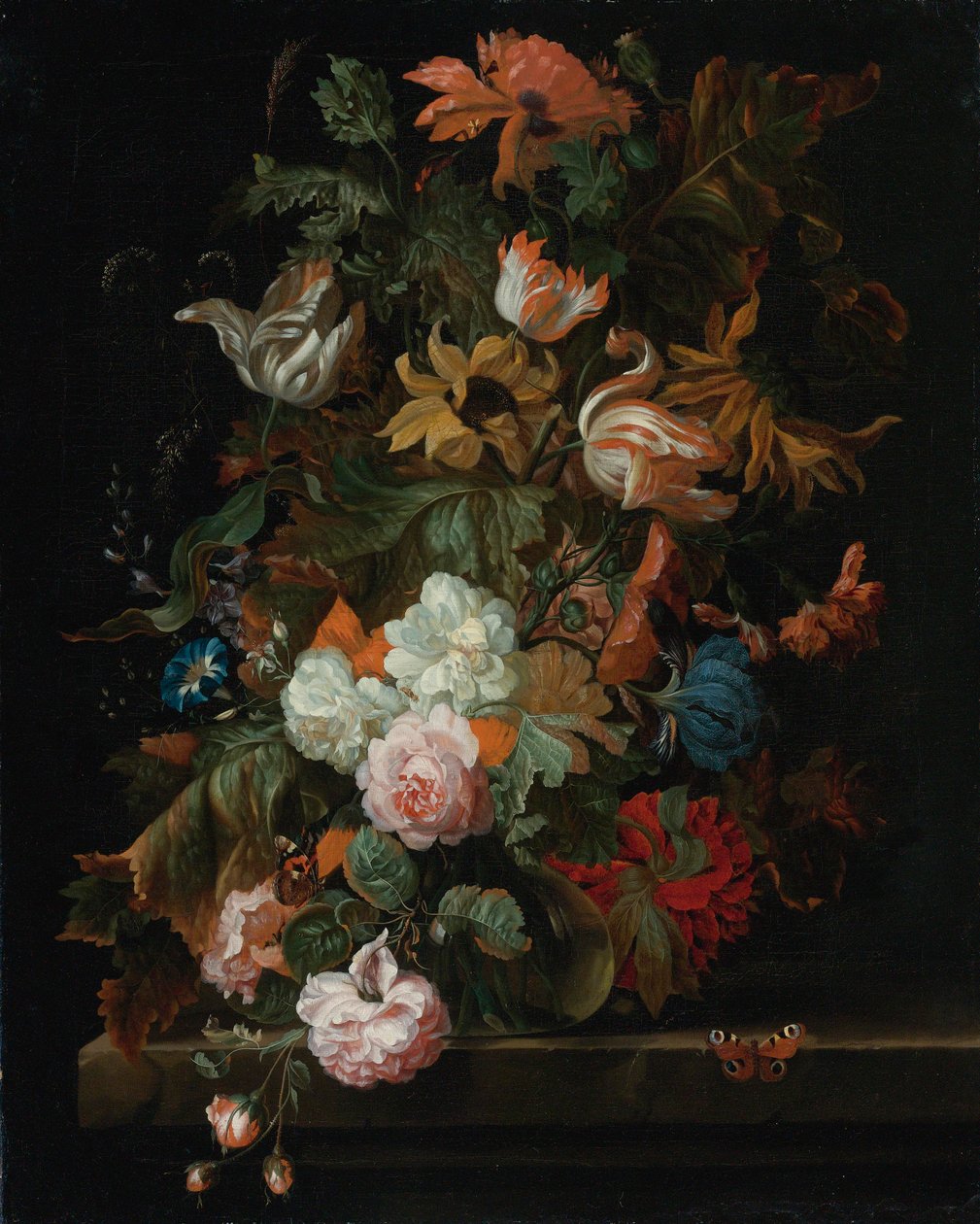 Stilleben af ​​blomster i en glasvase med en sommerfugl af Ernst Stuven