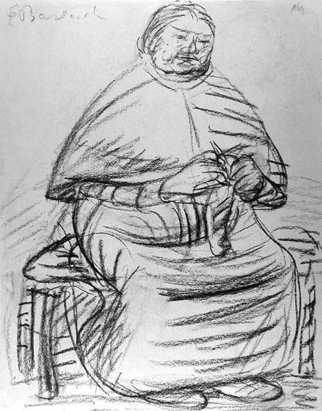 Gammel kvinde strikker (kul på papir) (s/h foto) af Ernst Barlach