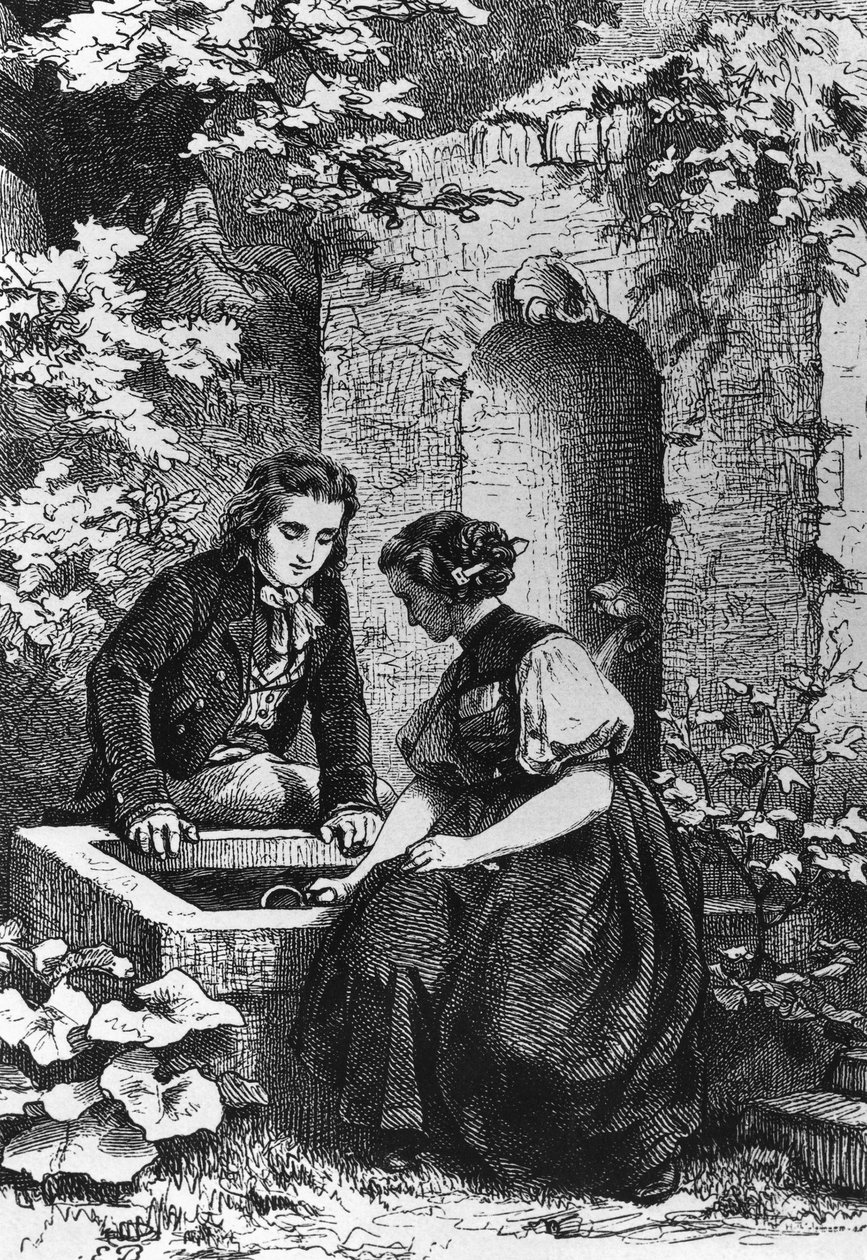 Hermann og Dorothy ved springvand, illustration til Hermann og Dorothea, idyl af Johann Wolfgang von Goethe (1749-1832), gravering efter tegning af Ernst Bosch (1834-1917) af Ernst Bosch