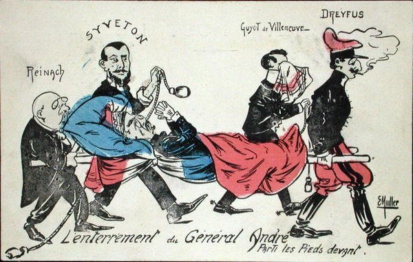 Begravelse af general Andre, udført med fødderne først af Joseph Reinach (1856-1921), Gabriel Syveton (1864-1904), Guyot de Villeneuve og Alfred Dreyfus (1855-1935) 1913 (håndfarvet radering) af Ernst Emmanuel Muller