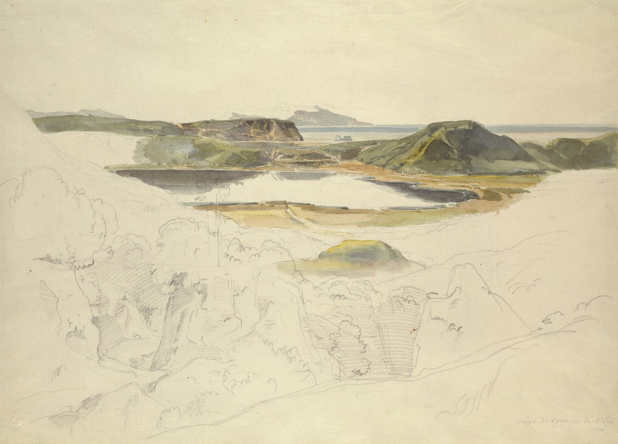 Agnano-søen (blyant og akvarel på papir) af Ernst Fries