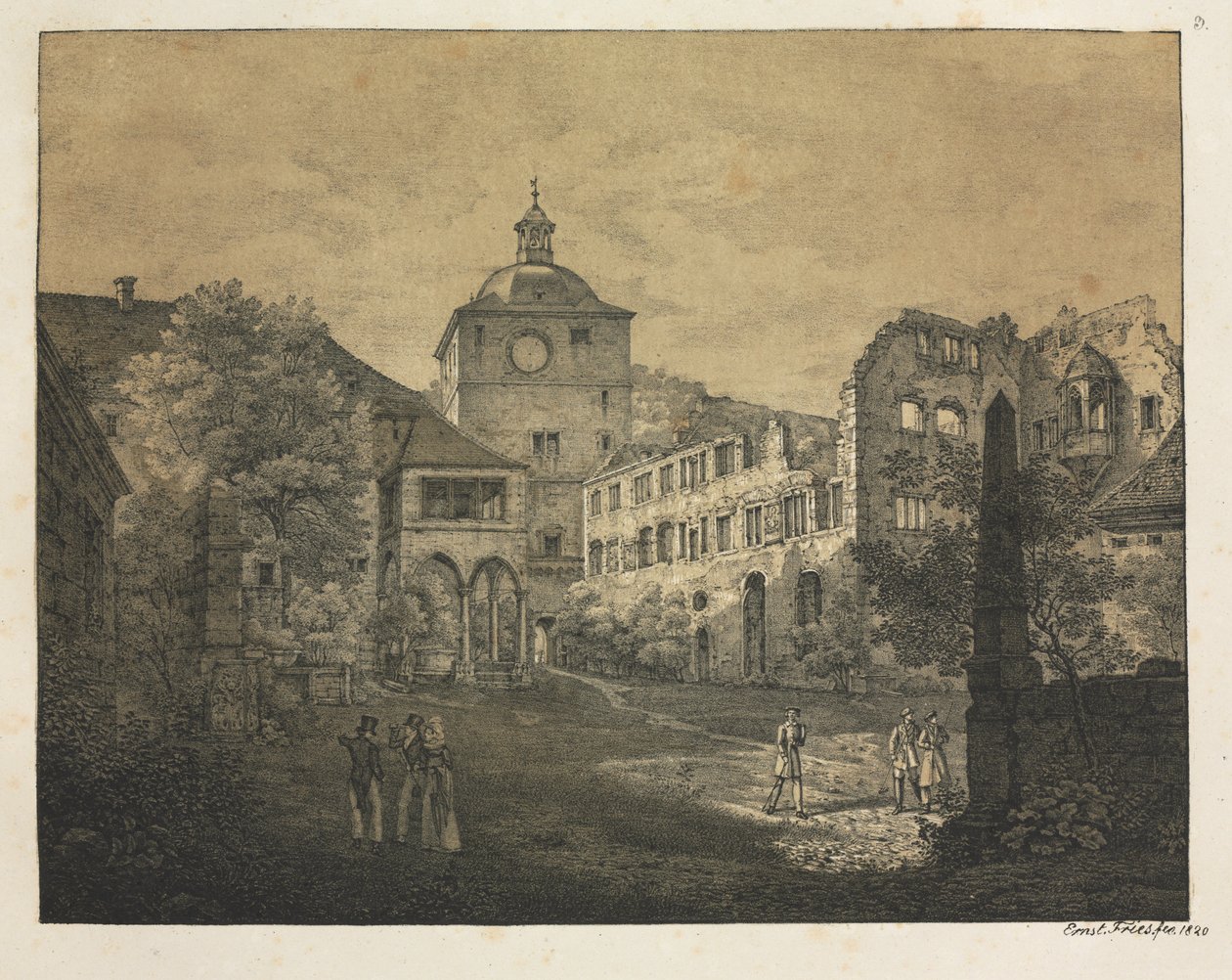 Seks udsigter over Heidelberg Slot: Slotsterrasse, 1820. af Ernst Fries