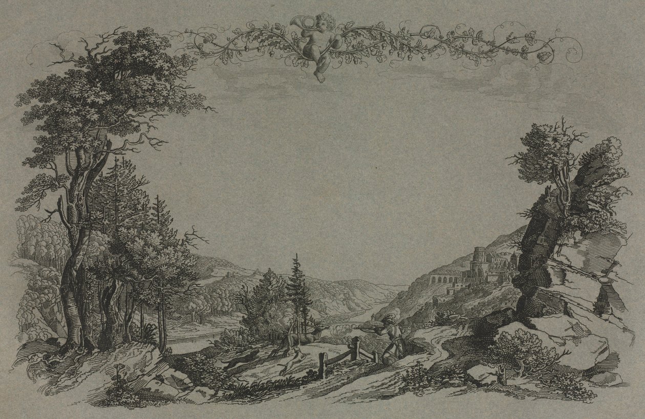 Seks udsigter over Heidelberg Slot: Forside, Jagtscene, 1820. af Ernst Fries