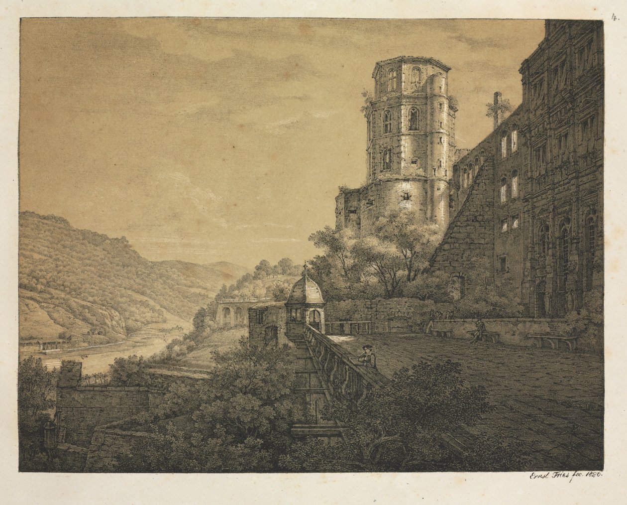 Seks udsigter over Heidelberg Slot: Gård, ved indgangen, 1820. af Ernst Fries