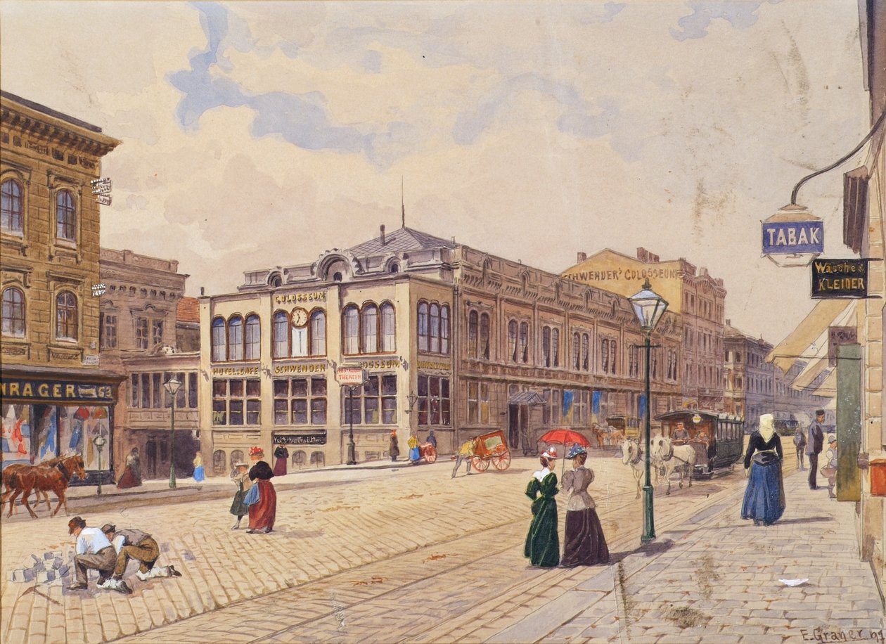 Schwendergasse i Wien med Schwenders Colosseum af Ernst Graner