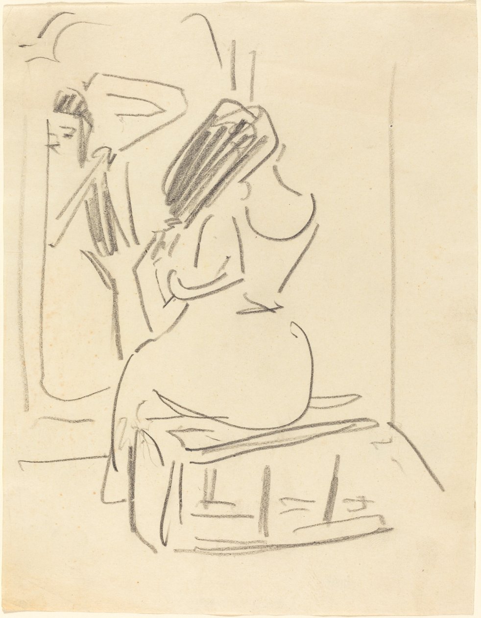 En kvinde, der reder sit hår foran et spejl, slutningen af det 19.-begyndelsen af det 20. århundrede. af Ernst Ludwig Kirchner