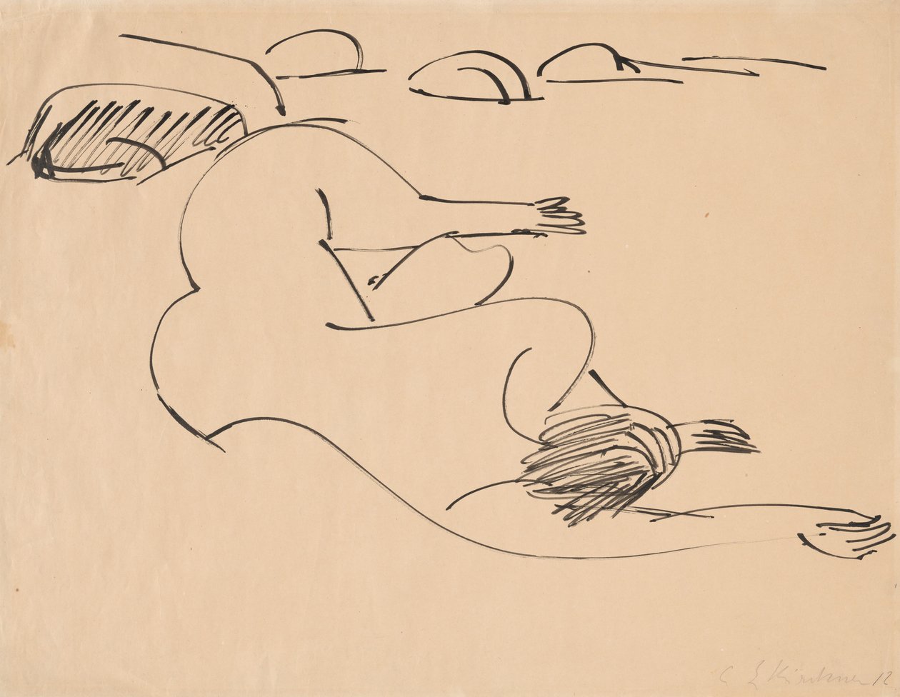 Erna ligger på stranden blandt sten, 1912. af Ernst Ludwig Kirchner