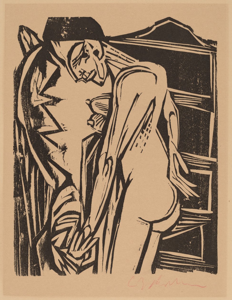 Kvindelig nøgen foran et kabinet, 1916. af Ernst Ludwig Kirchner