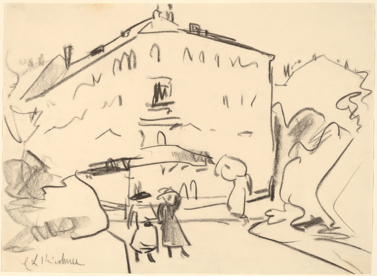 Huse i Dresden med spadserende mennesker, 1909. af Ernst Ludwig Kirchner