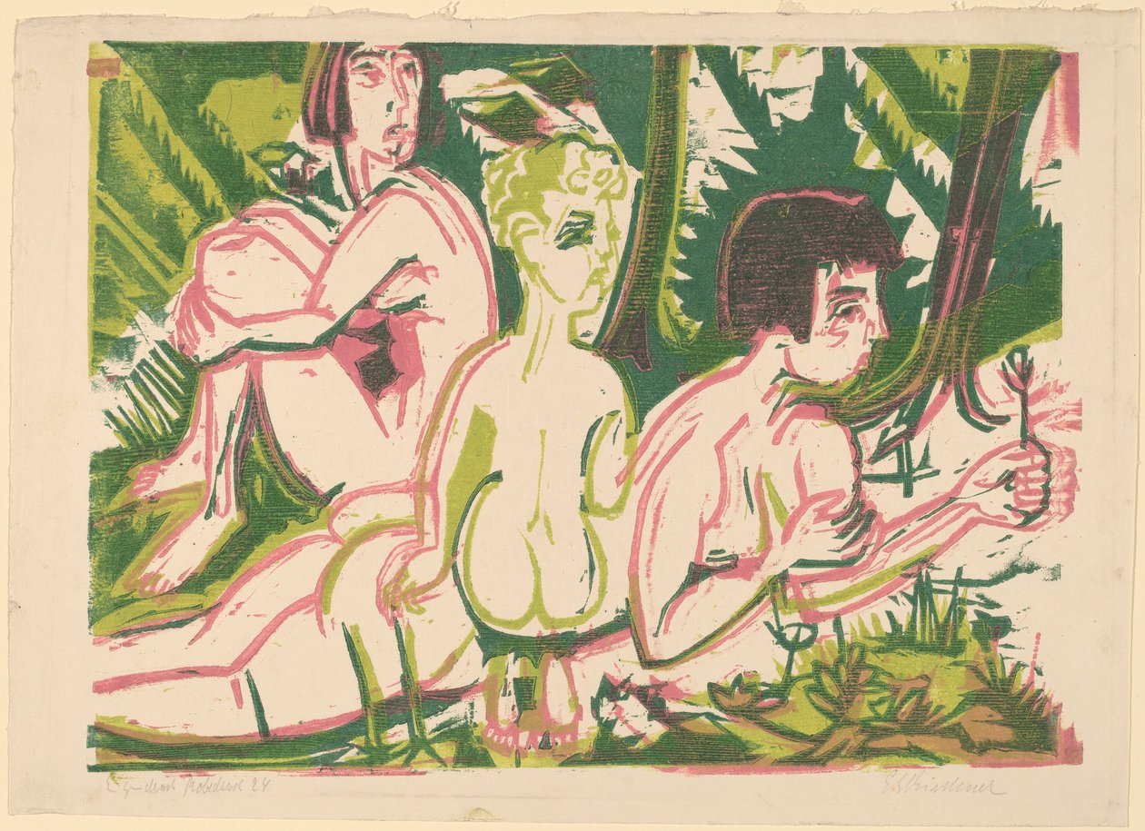 Nøgne kvinder med et barn i skoven, 1925. af Ernst Ludwig Kirchner