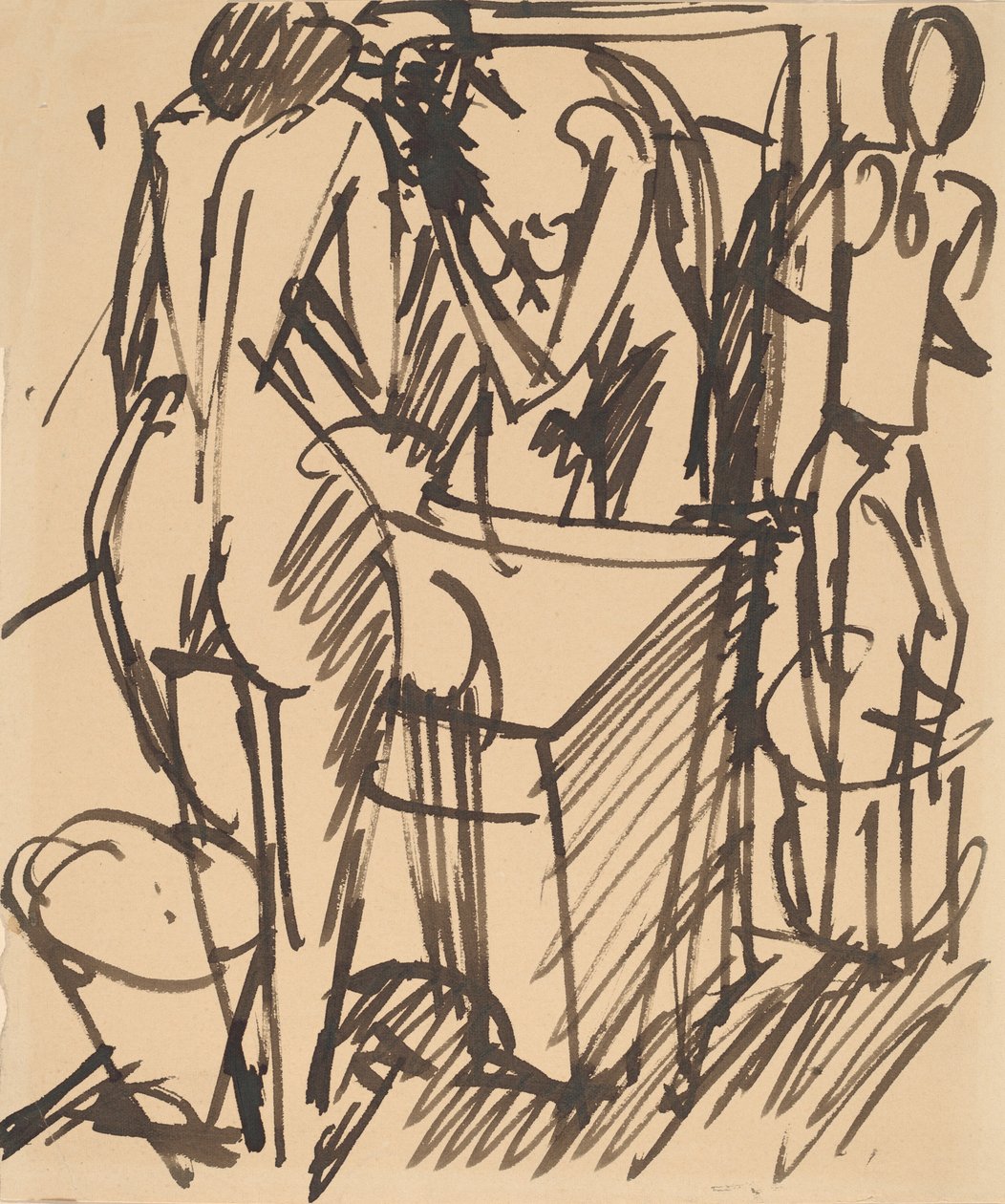 Nøgen med et spejl, stående foran et vaskebord, 1908-1910. af Ernst Ludwig Kirchner