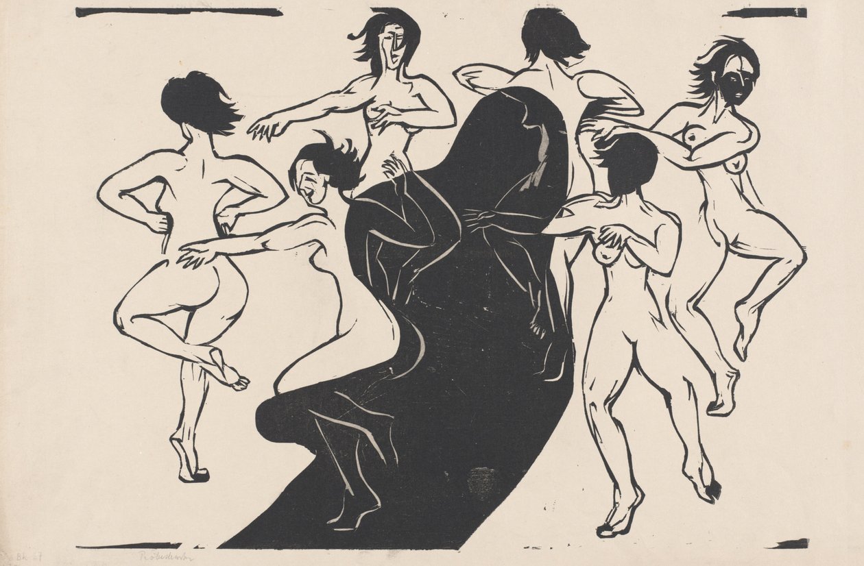 Nøgenbilleder danser rundt om en skygge, 1936. af Ernst Ludwig Kirchner