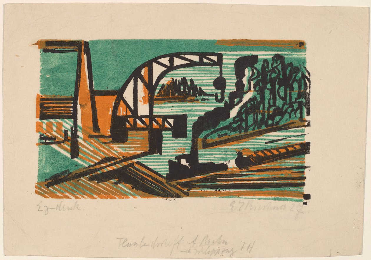 Flodlandskab med kran og pramme, 1927. af Ernst Ludwig Kirchner