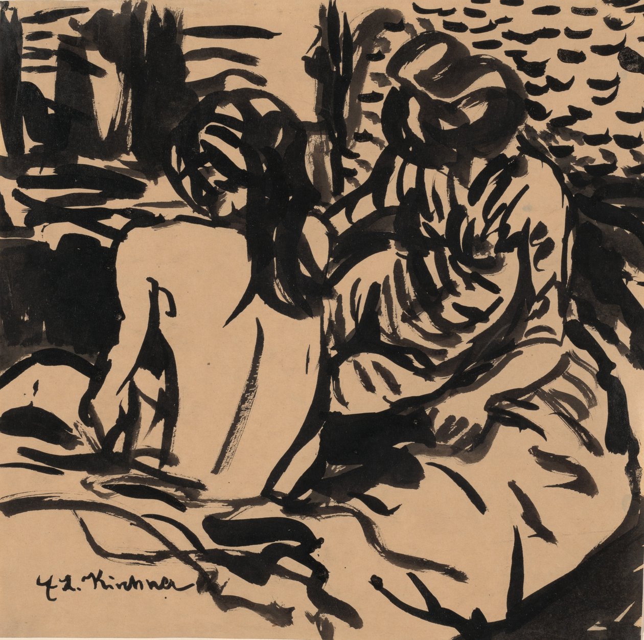 To nøgenbilleder på en seng Isabella og en yngre pige, ca. 1906. af Ernst Ludwig Kirchner