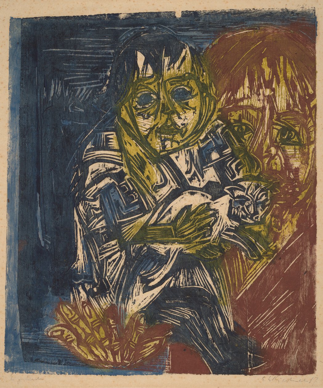 Kvinde med et barn og en kat, 1919. af Ernst Ludwig Kirchner