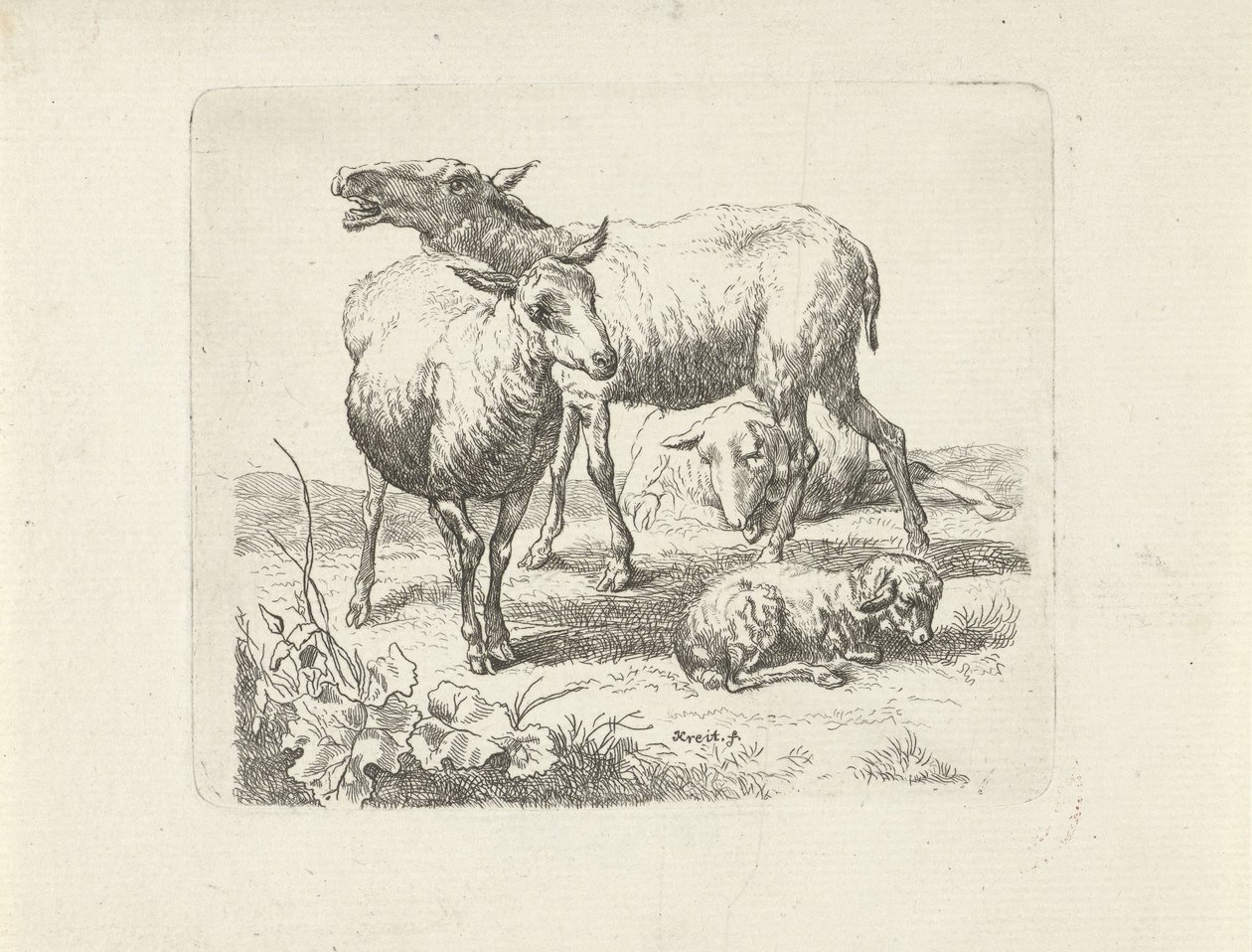 Tre får og et lam på en eng af Ernst Ludwig Creite