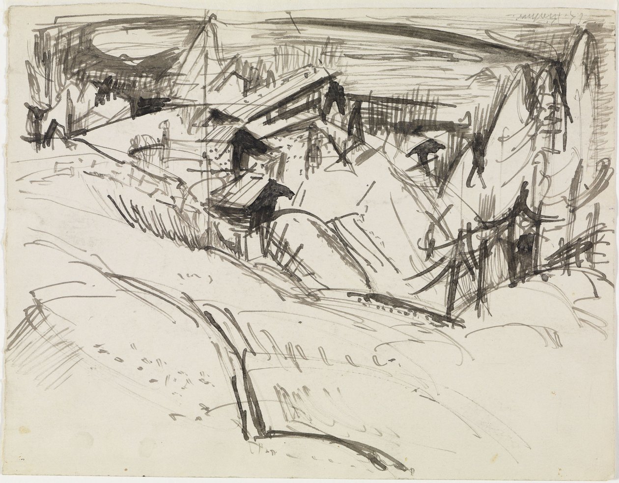 Alpe med hytter og grantræer af Ernst Ludwig Kirchner