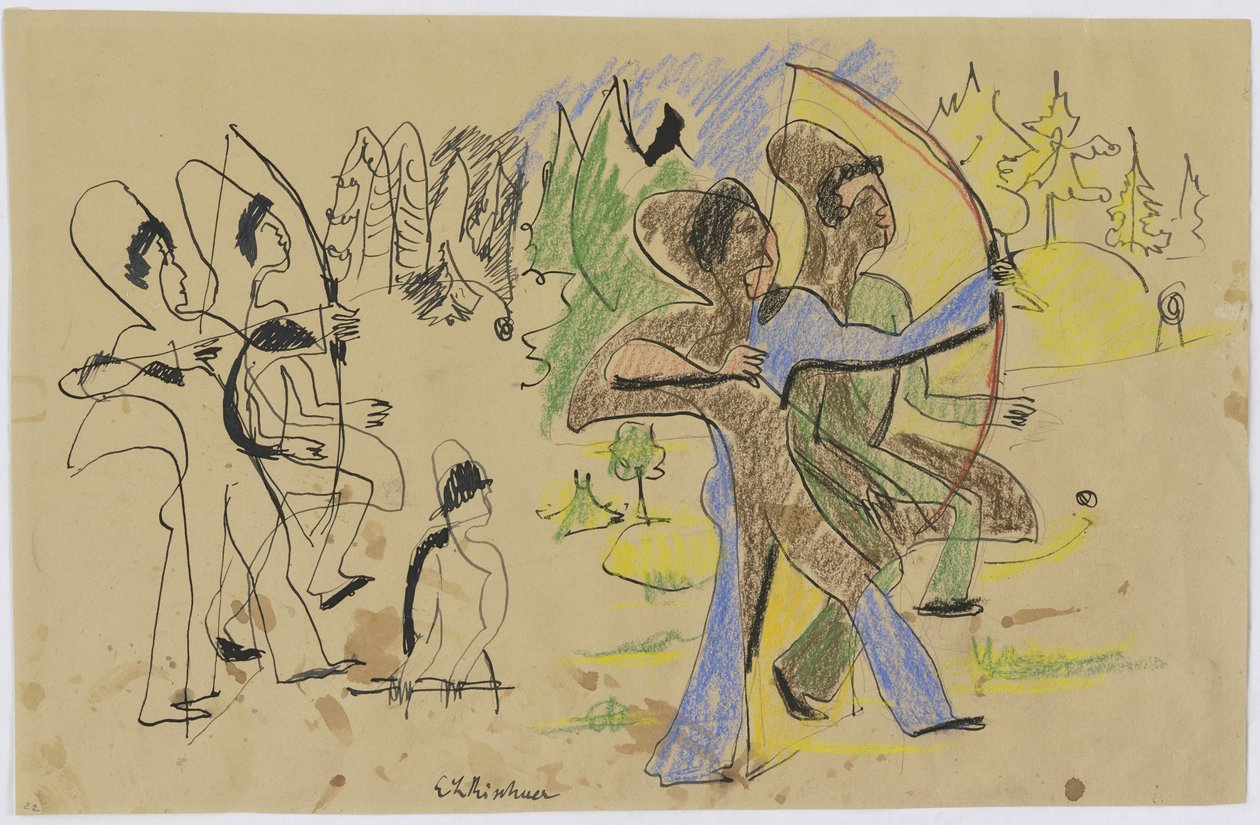 Bueskytter, ca. 1935 (pen og kridt på brunt papir) af Ernst Ludwig Kirchner