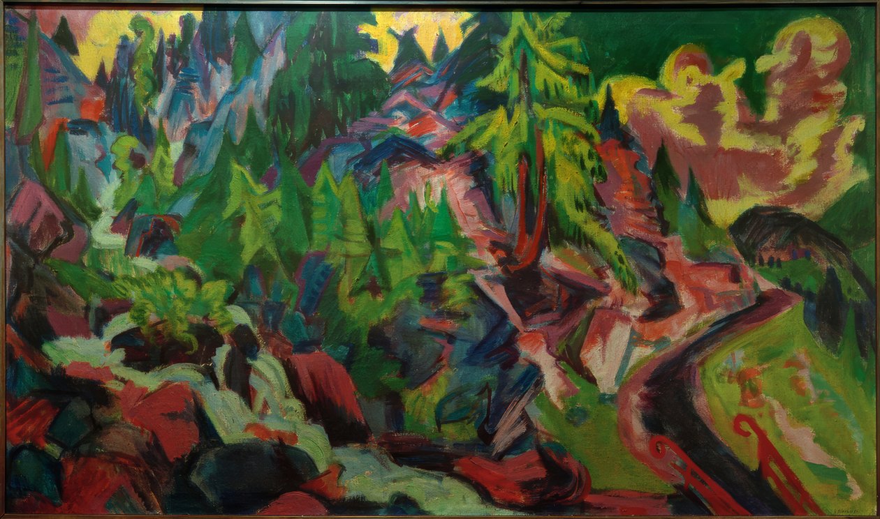 Schweizisk fyrretræ landskab med et vandfald af Ernst Ludwig Kirchner