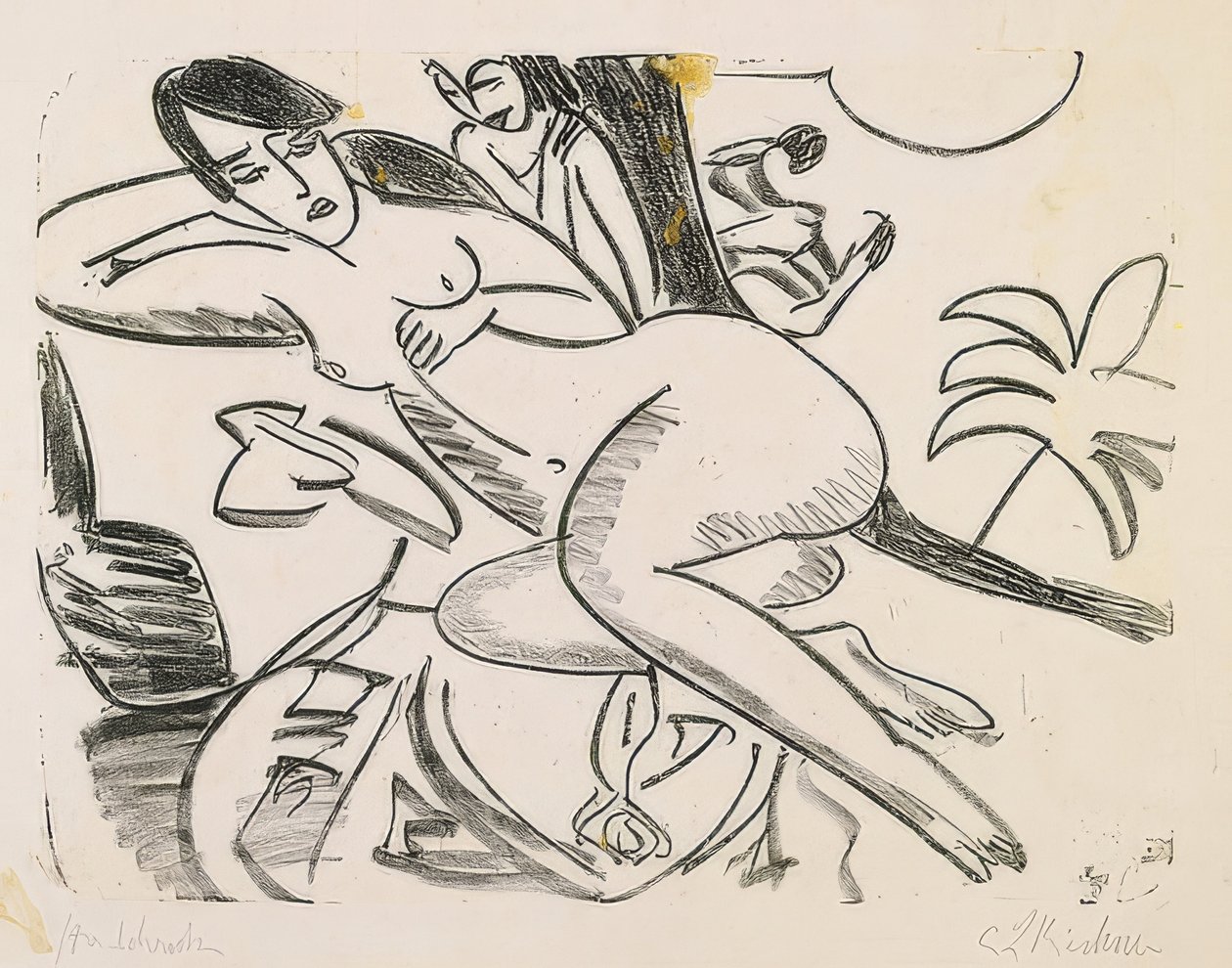 Nøgen liggende på loftet. 1911 af Ernst Ludwig Kirchner