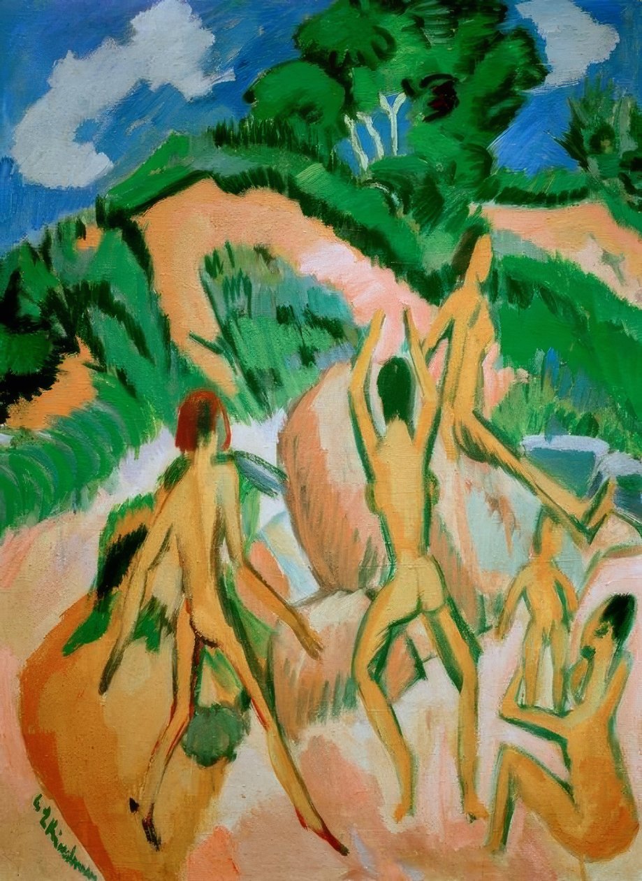 Badende mellem klitter (Fehmarn) af Ernst Ludwig Kirchner