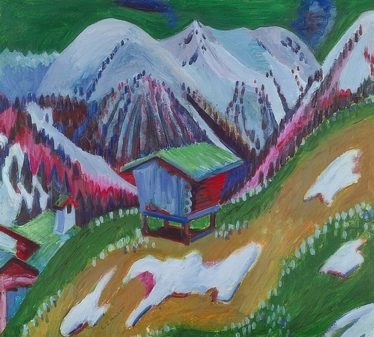 Bjerglandskab med en alpehytte. Omkring 1922 af Ernst Ludwig Kirchner
