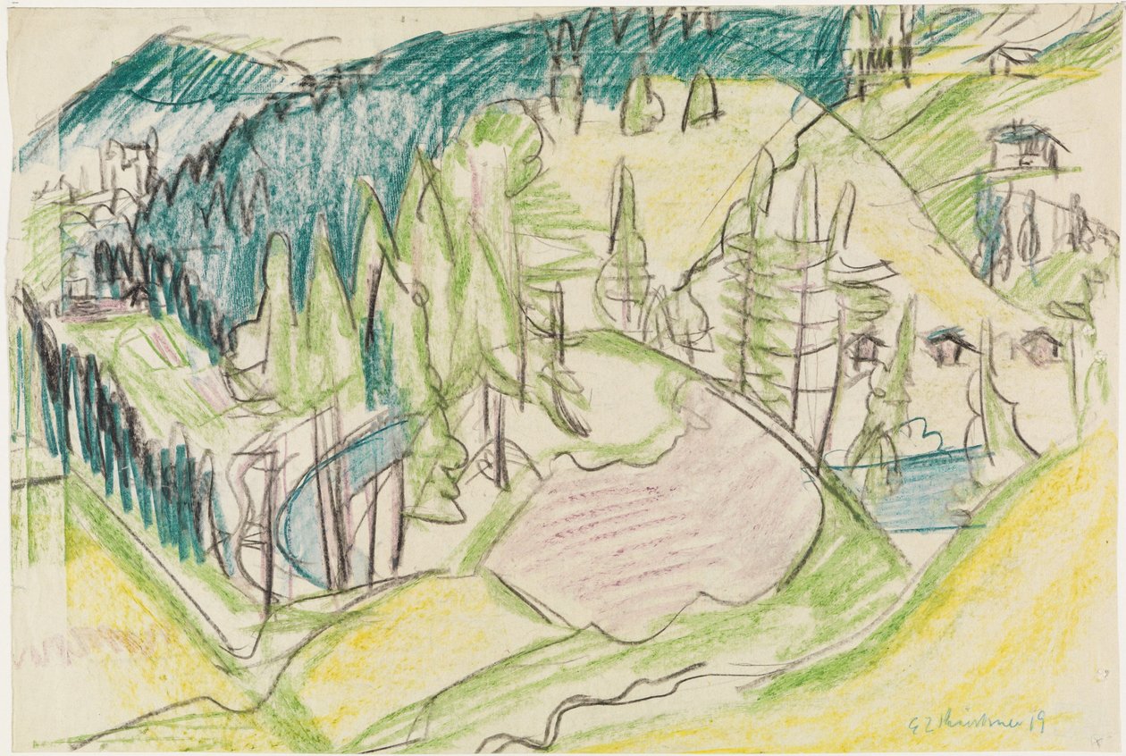 Bjerglandskab med grantræer af Ernst Ludwig Kirchner