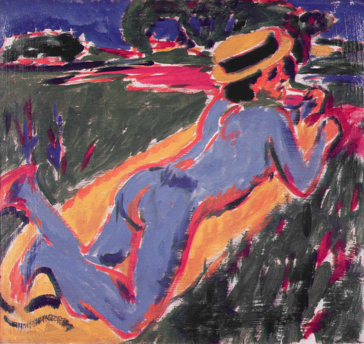 Blå tilbagelænet nøgen med stråhat, 1908 af Ernst Ludwig Kirchner