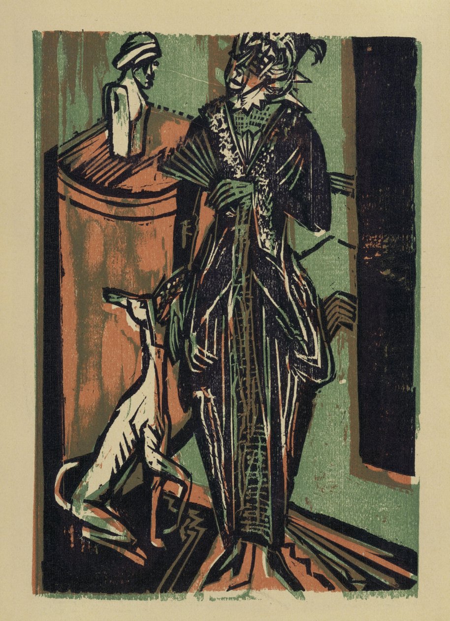 Dame med hund. Fra: Katalog over udstillingen af kjoler fra fru Euckens broderistue i Bremen af Ernst Ludwig Kirchner