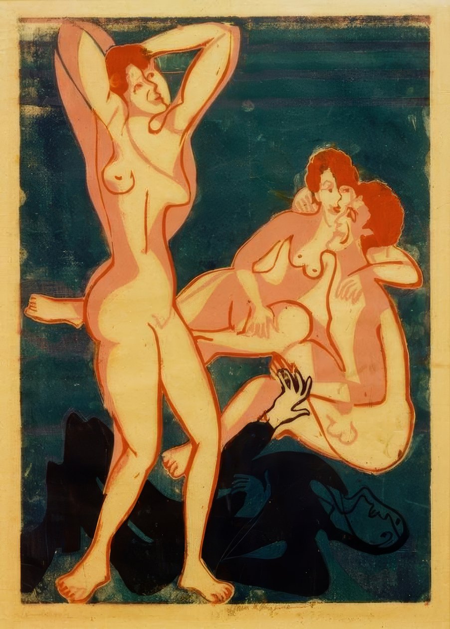 Tre nøgenbilleder og en liggende mand af Ernst Ludwig Kirchner