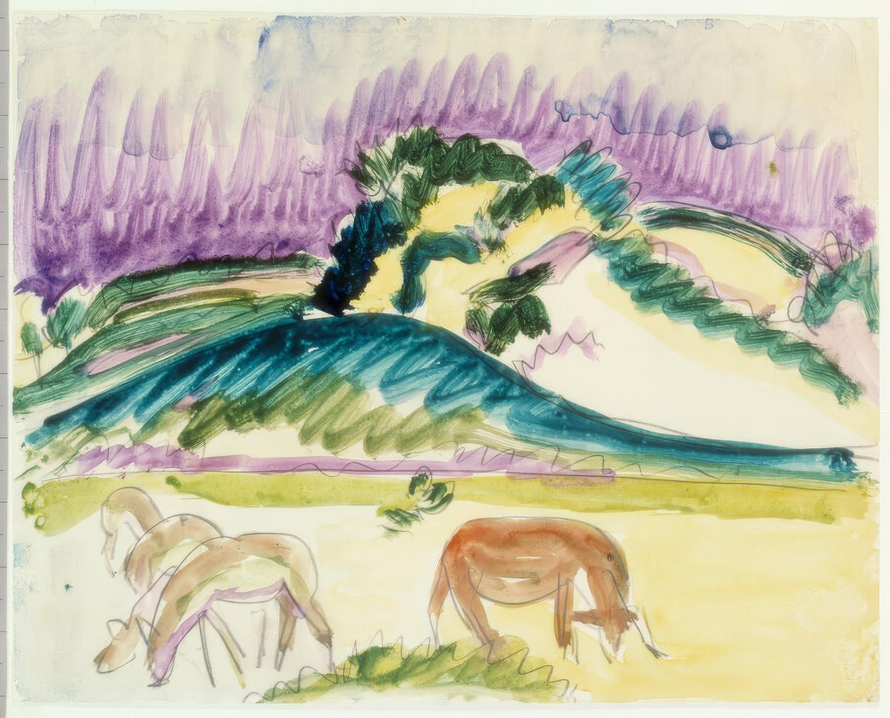 Tre græssende hjorte og en ko på Fehmarn af Ernst Ludwig Kirchner