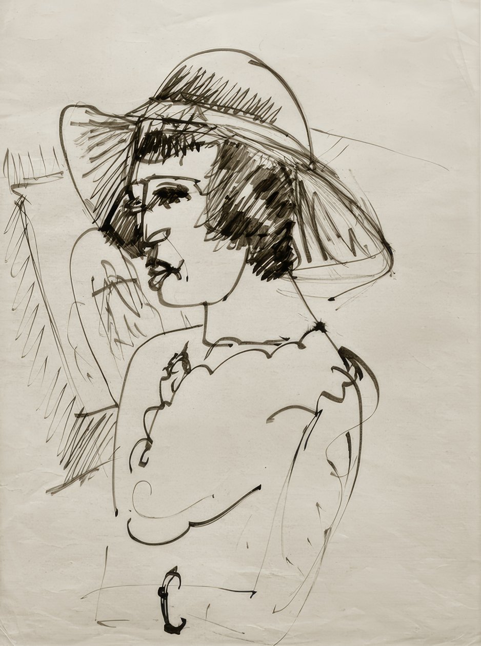 E.L. Kirchner, portræt af Erna med en stor hat af Ernst Ludwig Kirchner