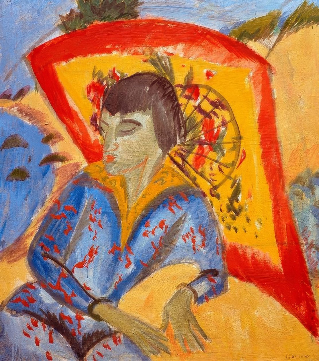 Erna med japansk paraply (japansk) af Ernst Ludwig Kirchner