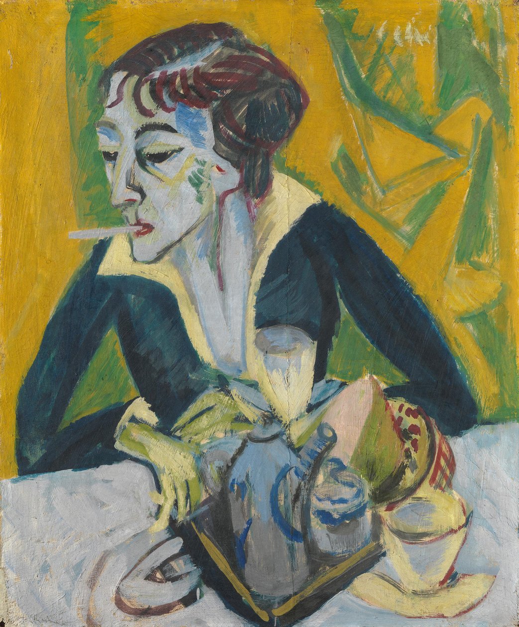 Erna med cigaret (Portræt af Erna i blåt) af Ernst Ludwig Kirchner
