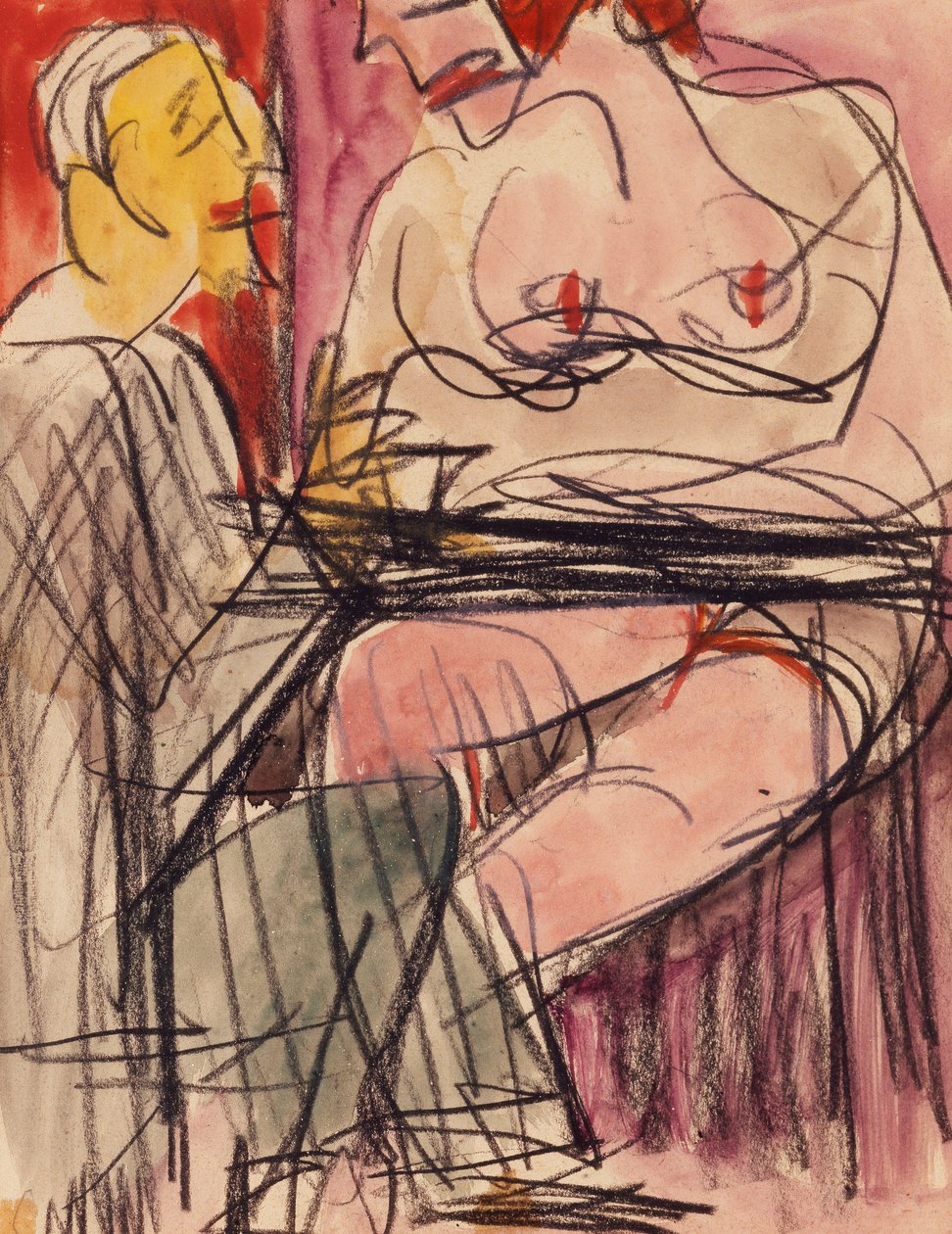 Nøgen kvinde og mand sidder ved et bord; Kvinde nøgen og mand siddende ved et bord, af Ernst Ludwig Kirchner