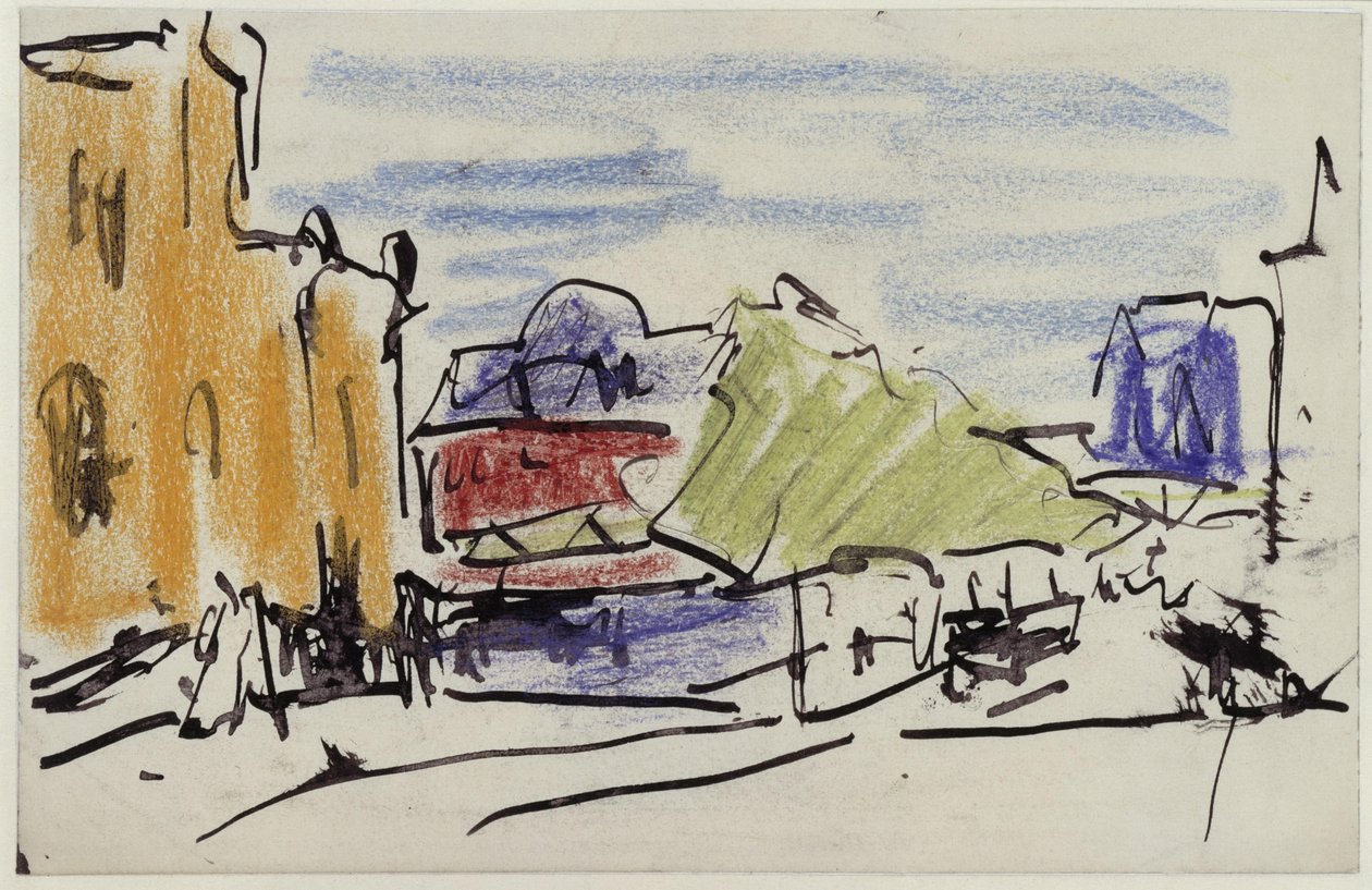 Flodlandskab med huse og gangbro af Ernst Ludwig Kirchner