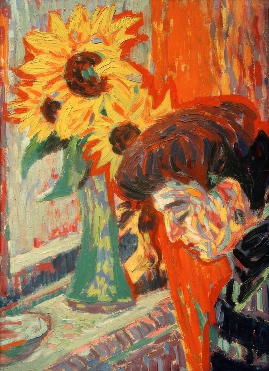 Kvindehoved foran solsikker af Ernst Ludwig Kirchner