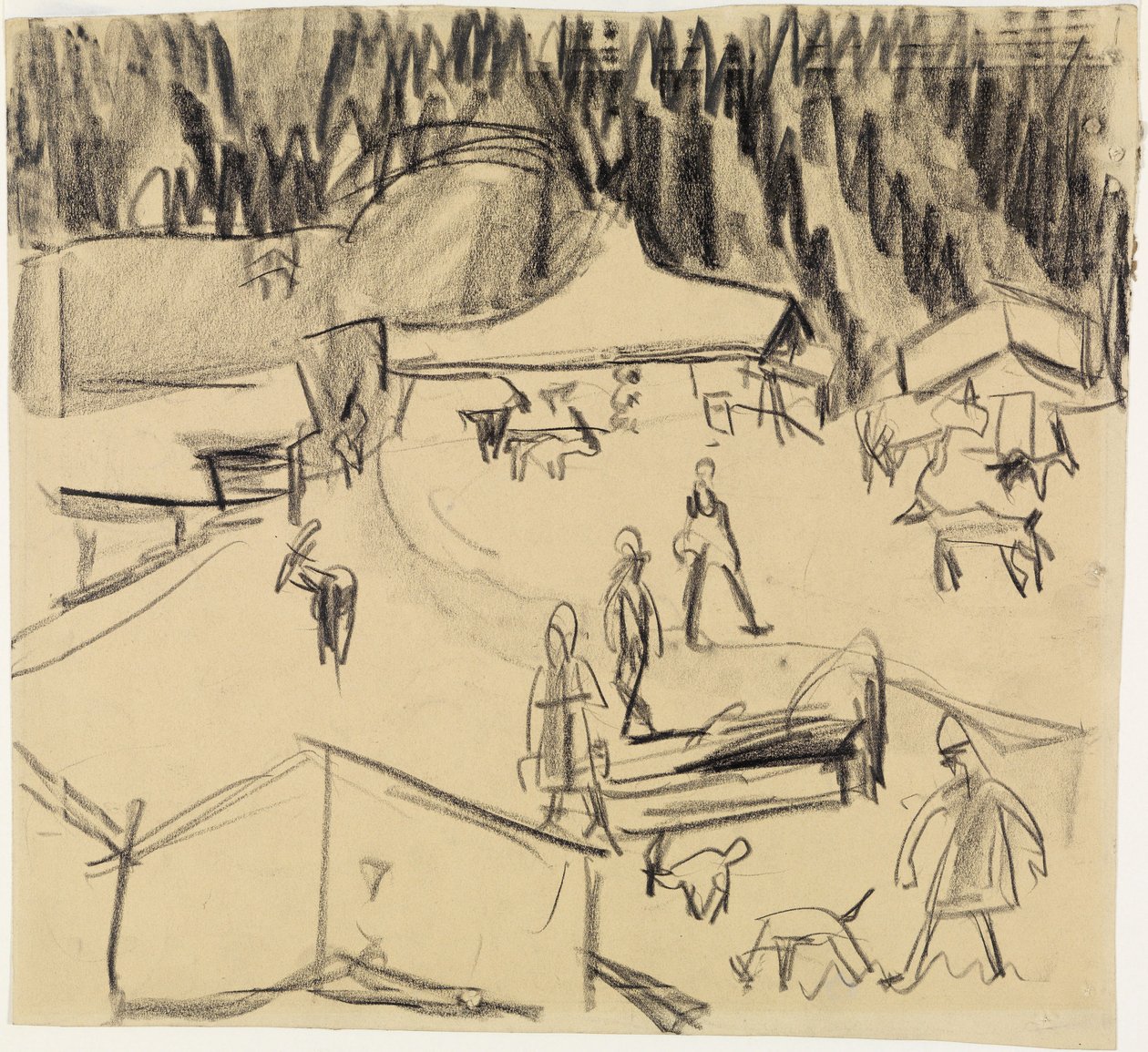 Bjerglandsby (Staffelalp) med hyrder og geder af Ernst Ludwig Kirchner