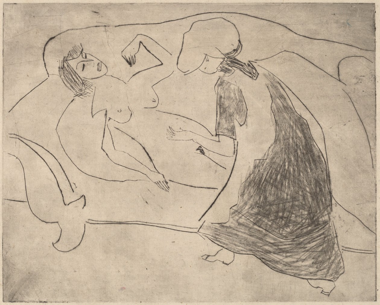 Pige, med en anden, der gnider hendes mave af Ernst Ludwig Kirchner