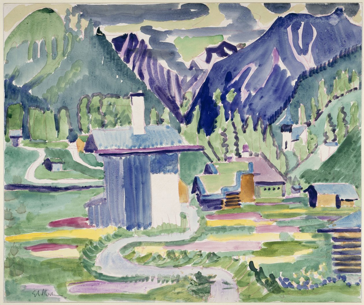 Huse i Islen med udsigt til kirken i Frauenkirch af Ernst Ludwig Kirchner