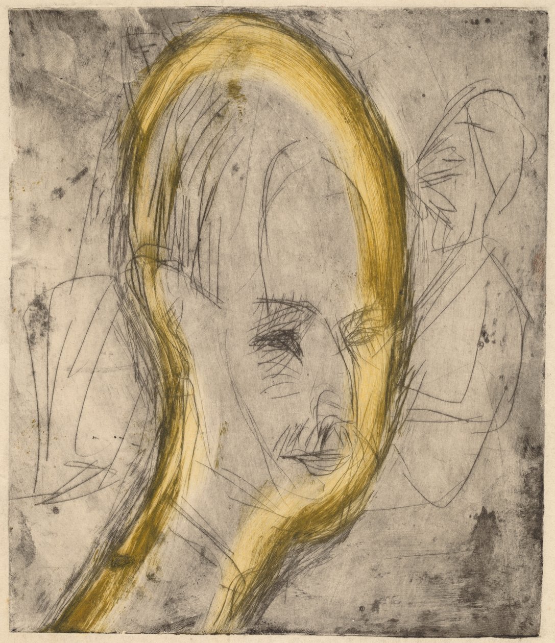 Leder af Dr. Bauer, 1921 (ætsning og drypoint trykt i sort med gul monotype aftørring) af Ernst Ludwig Kirchner